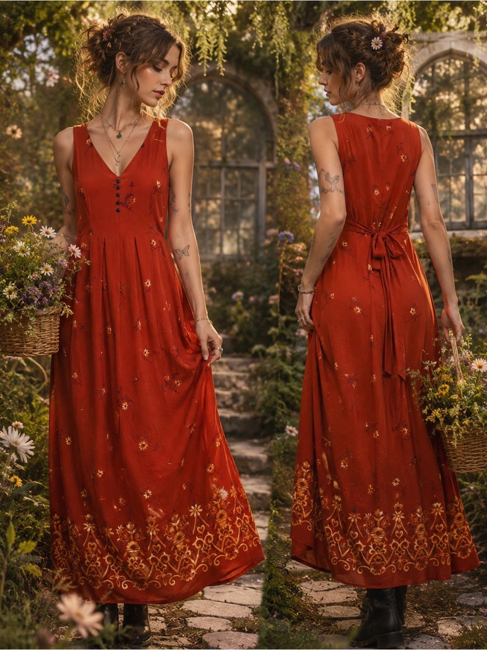 Vintage Positive Attitude Floral Maxi Dress Size 10 Rust Orange Fairycore Boho